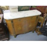 A modern Louis XV style walnut and marquetry, marble topped cabinet with two drawers and two