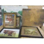 Mixed pictures to include an oil painting depicting a blacksmith, a dog, a horse and a donkey, 8"