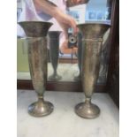 A pair of early 20th century silver trumpet vases on a pedestal foot, by Elkington & Co, 7 1/2" h