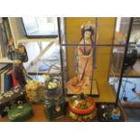 Ceramics, teapots, boxes and collectibles to include a painted composition figure dancing on a