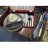 Silver and silver plate to include dressing table tray, Birmingham 1902, cutlery, fish servers and a