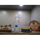 A Georgian glass decanter with stopper, a 2011 Camembert chess pot with lid and vintage postal