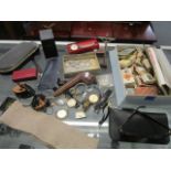 A mixed lot of cigarette cards, sunglasses, wristwatches, a cased tobacco pipe and other items