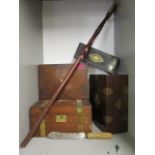 A group of three Victorian boxes, ebonized and brass inlaid glove box, a carved pine handled bread