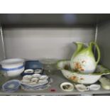 Mixed china and glassware to include a Victorian wash jug and bowl and a Limoges oyster plate