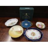 A group of porcelain dishes to include a Meissen dish, A Royal Doulton dish circa 1928 and a