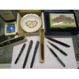 A group of Conway Stewart and other fountain pens and pencils to include 'The Dinkie', a boxed