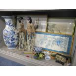 A mixed lot of oriental items to include framed silks, circa 1900, a Celadon glazed vase A/F and