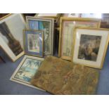 Mixed pictures to include a George Baxter print, a tapestry, oil paintings depicting beach scenes