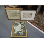 Two prints of maps, one of Yorkshire, the other of Middlesex, together with a framed picture of a