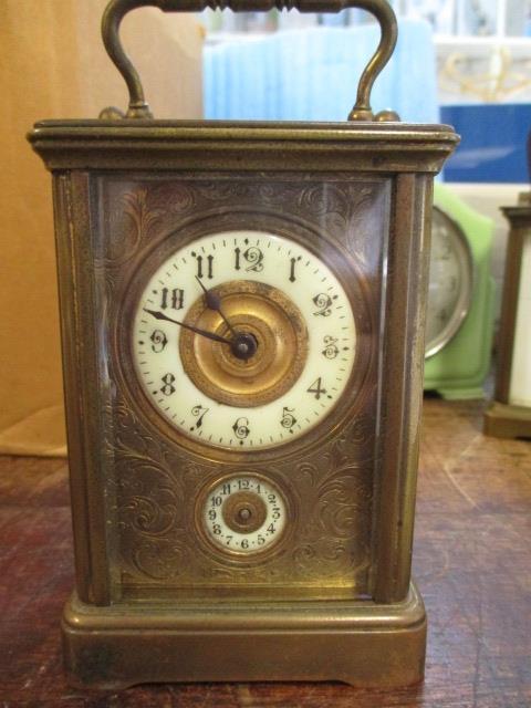 A late 19th century brass cased carriage alarm clock, 4 1/2"h