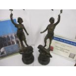 A pair of spelter figures entitled La Force, Le Pouvoir