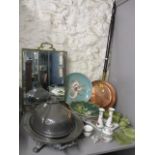 A mixed lot to include a Czechoslovakian dressing table set, warming pan, onyx items and other items