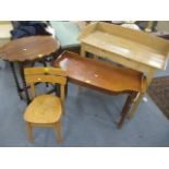 Mixed furniture to include a pine wash stand, side table, oak occasional table and a child's chair