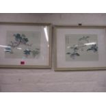 A pair of 1964 Chinese limited edition prints depicting birds in trees and a pair of oval