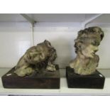 O'Tulin - two pottery sculptures of male heads, mounted on rectangular wooden bases, signed and