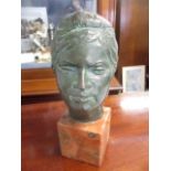 P Gambino - a cast and patinated bronze head of a woman on a marble plinth, 9" h