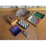 A Persian copper footed dish with handle, together with a vintage cribbage box, two small chess