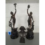 A pair of French spelter figures of Industry and a composition bronzed bust of Napoleon A/F