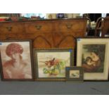 A group of pictures to include a still life watercolour of a pheasant with fruit and flowers, signed