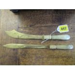 Two Chinese brass and jade letter openers, ruyi carved green jade handles and engraved dragon