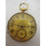 A Victorian 18ct, gold cased, open faced pocket watch having a gilt, floral engraved, engine