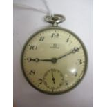 An Omega early 20th century, nickel cased, open faced pocket watch having an enamelled dial with