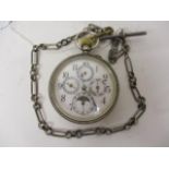 An early 20th century silver cased, moon phase, calendar pocket watch having subsidiary dials for