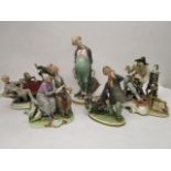 A group of five Capodimonte porcelain figurines, three Galli figures to include a clown with an