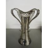 Victorian silver Arts & Crafts style vase of waisted form, four pierced strap handles with