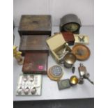 A mixed lot to include silver plated boxes, an oak cased clock, a hip flask, a butterfly and other