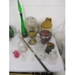 Kitchenalia and metalware to include a silver plated basket, a rosewood walking stick, decanters and