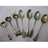 A quantity of silver spoons and others to include a pair of 18th century mustard spoons