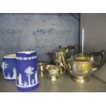 A mixed lot to include glass liqueur decanter, stand and glasses, a Wedgwood jug and vase, along