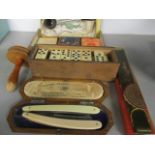 A mixed lot to include a comedy fan, playing cards and Victorian cut throat razors