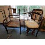 An inlaid mahogany corner chair with an upholstered seat and an inlaid mahogany open armchair,