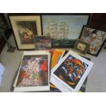 A quantity of pictures, art posters and LP records to include a sailing ship at sea, a marine oil on