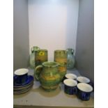 Three Mabel Leigh pieces of pottery together with Japanese cups and saucers and two bottles