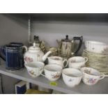 A Royal Worcester Roanoke pattern teaset, a silver plated teaset on a tray and two Denby