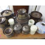 A quantity of Denby Arabesque pottery circa 1960, vintage Dundee marmalade pots and an Adams vase