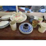 A quantity of Victorian and later ceramics to include a wash bowl and jug, stoneware jars, marbles