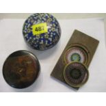 A cloisonne pot with lid, a vintage spiroscope and a 19th century hand painted, papermache lidded