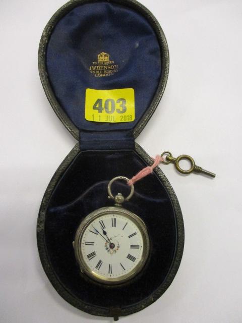 A 19th century silver pocket watch with an enamelled face and floral design, cased