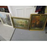 Three oil paintings to include a view of a building, a street scene and a landscape