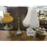 A group of table lamps to include a Rye Cinque Ports pottery lamp and shade and a Duplex No 2 oil