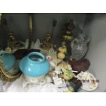 Mixed china, christening gowns, a brass oil lamp, converted, two other table lamps, an oval gilt