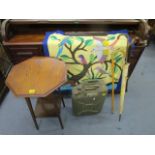 A small oak, two tier occasional table with an octagonal top, a Jerry can circa 1954, an embroidered