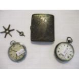 Two pocket watches to include a silver pocket watch, together with a silver cigarette box