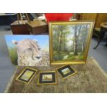 A mixed lot to include an oil on canvas of a woodland river scene with bridge, signed by Hans