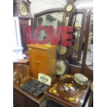 A mixed lot of mainly treen to include jewellery and other boxes, a barometer and other items